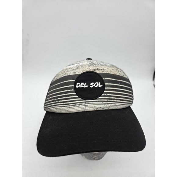 Del Sol Hat Cap Snap Back Black White Mesh Trucker Patch OSFM Polyester Mens - Picture 1 of 7